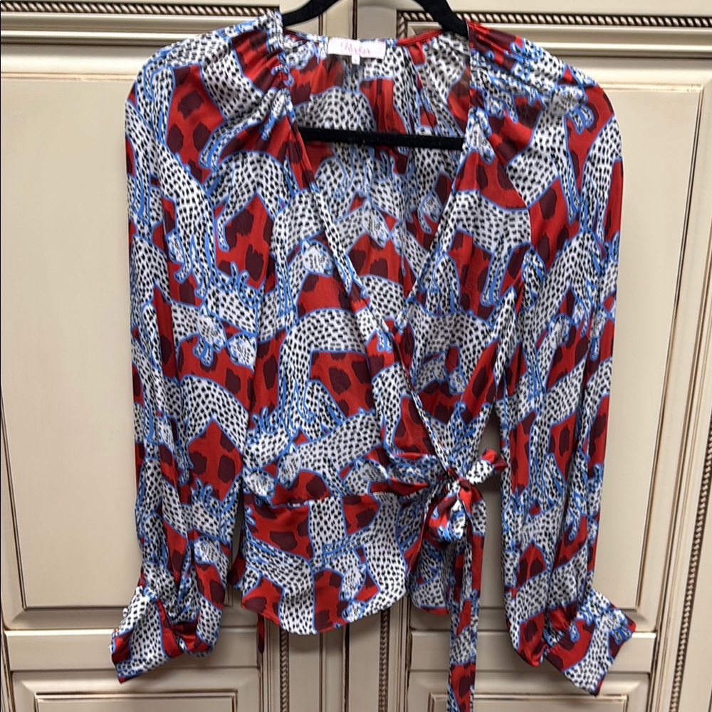 Red and Blue Long Sleeve Wrap Blouse